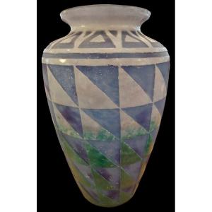 Degué - David Gueron (1892 - 1950), Vase In Glass Paste, Geometric Decoration, 20th Century