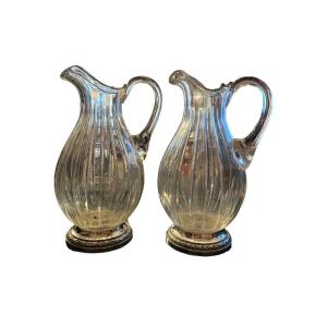 Pair Of Puiforcat Carafes, In Sterling Silver And Glass, 19th Century