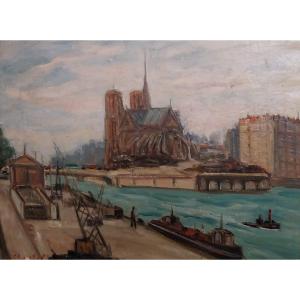Roger Chastel (1897-1981), Huile Sur Toile, Vue De Notre Dame De Paris, XXe