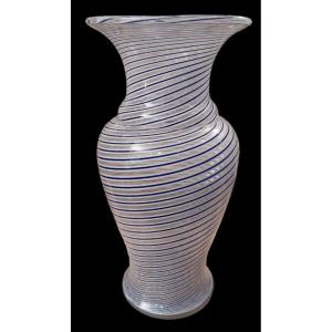 Clichy, White Blue Spiral Filigree Crystal Vase, 19th Century