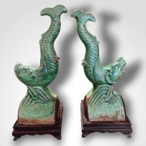 Pair Of Ridge Tiles, China, 19th Century 