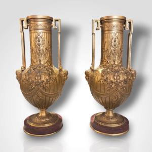 Ferdinand Barbedienne, Pair Of Gilt Bronze Vases, 19th Century