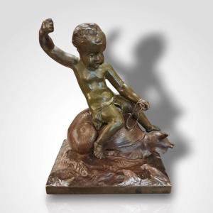 Henri Plé, Child On A Snail, Bronze, Late 19th Century