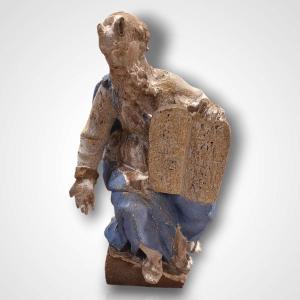 Polychrome Wooden Sculpture Of Moses, 18th Century