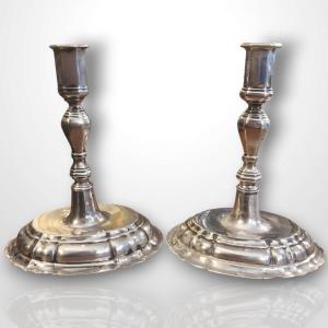 Pair Of Solid Silver Candlesticks, 17th Century Age.