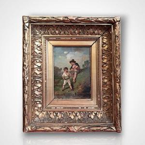 François-louis Lanfant De Metz, Children Playing Music, Oil On Wood, 19th Century