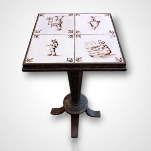Pedestal Table In Wrought Iron And Delft Earthenware, 20th Century