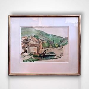 Constant Le Breton, vue de Pont de Montvert, aquarelle, XXe