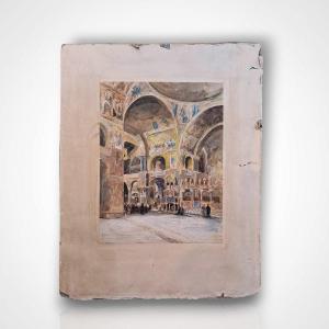 Eugène Lami, Interior Of St. Mark's Basilica In Venice, Watercolor On Paper, 1880
