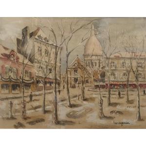 Lucien Génin, Snow-covered Place Du Terme, Gouache And Watercolor
