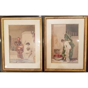 Set Of 2 Scenes In The Turkish Bath, Watercolor, Nineteenth