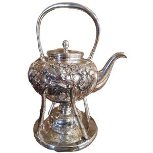Bisansha, Teapot And Its Stove In Hammered Silver, Japan, Art Nouveau.