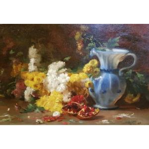 Noble-pigeaud, Still Life With Pomegranate, Bouquet Of Flowers And Pitcher In Opaline, Nineteenth.