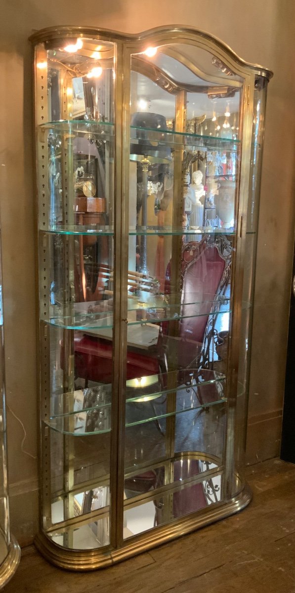 Vitrine Fin XIX ème Siècle En Laiton, Verre Et Miroir. Bombée Et Galbée à Chapeau De Gendarme.-photo-3