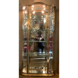 Late 19th Century Showcase In Brass, Glass And Mirror. Domed And Shapely With Gendarme Hat.