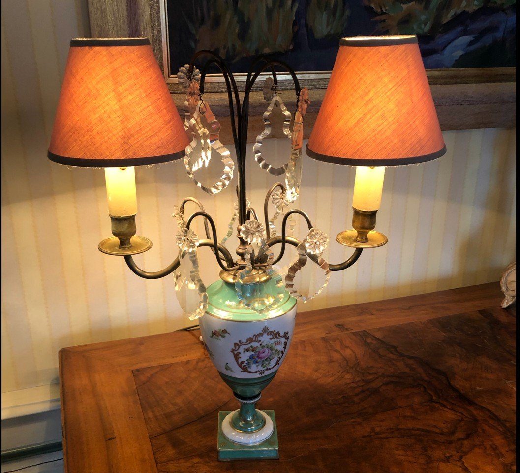Lampe Porcelaine Vieux Paris à pampilles XIXe