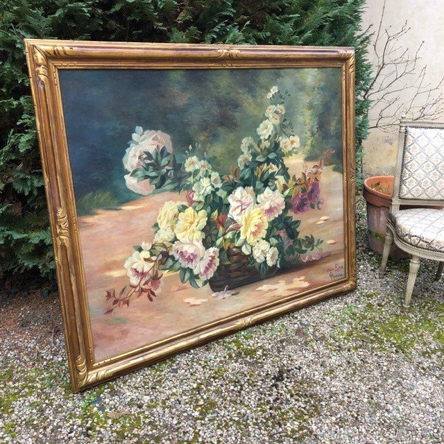 Large Painting "bouquet Of Flowers" After Biva-photo-4