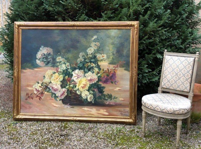 Large Painting "bouquet Of Flowers" After Biva