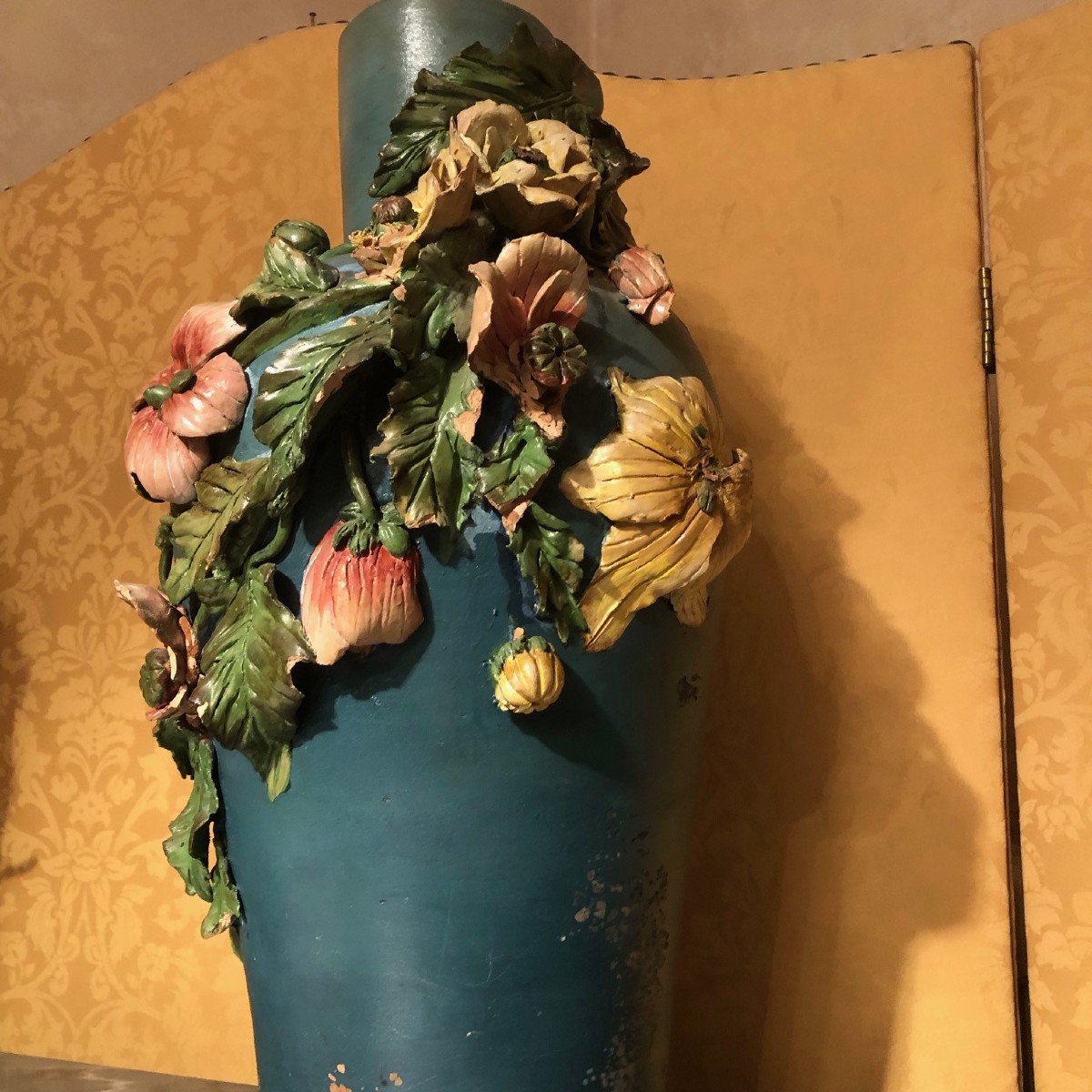 Large Slip Terracotta Vase With Floral Decoration Late 19th Century-photo-2
