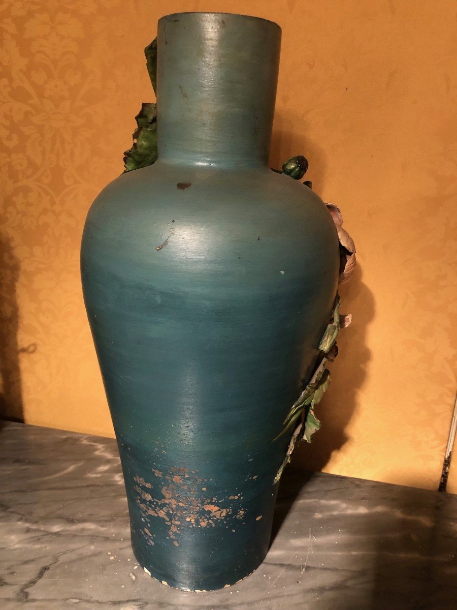 Large Slip Terracotta Vase With Floral Decoration Late 19th Century-photo-3