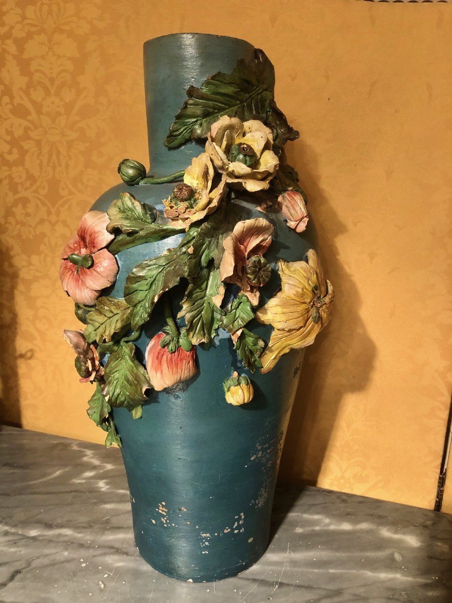 Large Slip Terracotta Vase With Floral Decoration Late 19th Century