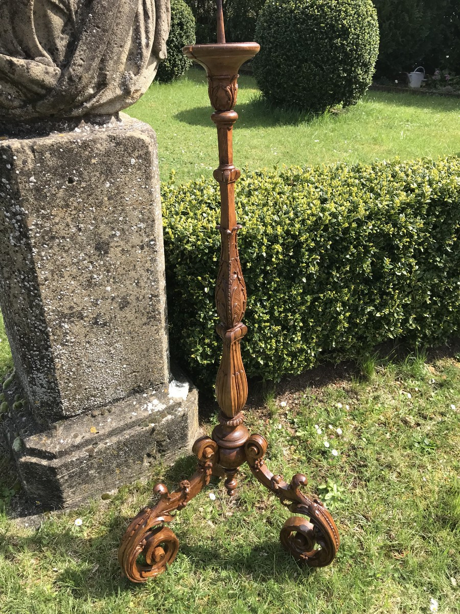 1.52 M Candlestick In Carved Wood, Late 18th And Early 19th Century