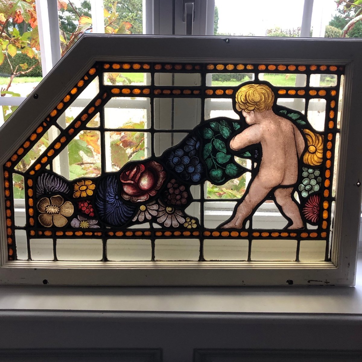 Paire de vitraux  «aux Chérubins» Art Nouveau époque 1900-photo-2