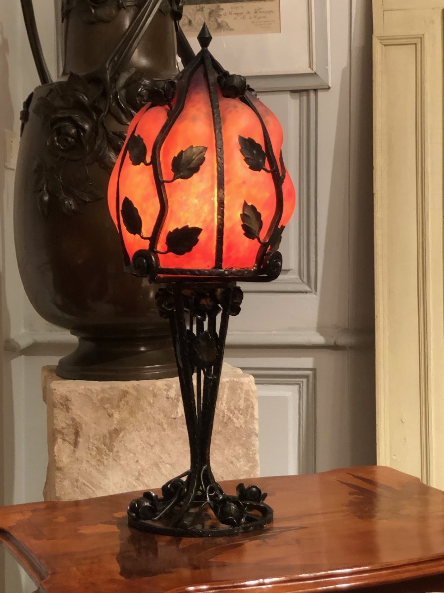 Lampe champignon Daum Majorelle non signée, Art Nouveau 1900-2000-photo-3