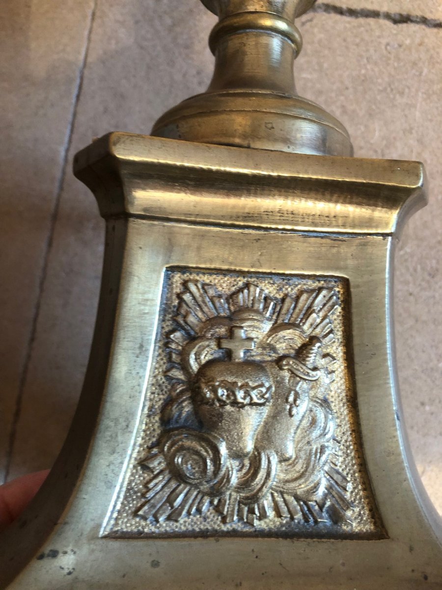 Pique cierge catholique bronze et laiton XIXe-photo-3