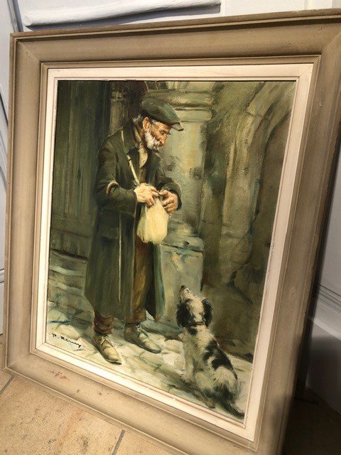 Oil On Canvas "the Old Man And His Dog" By Paul Rémy Twentieth-photo-4