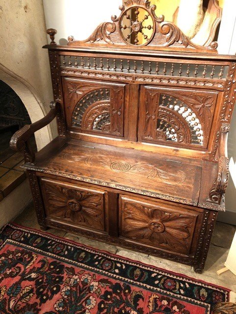 Carved Oak Chest Bench Late 19th Century-photo-4