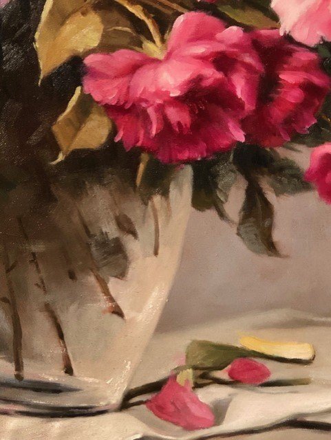 Huile sur toile Bouquet de fleurs, grande peinture de Mickael Harry XXe-photo-1