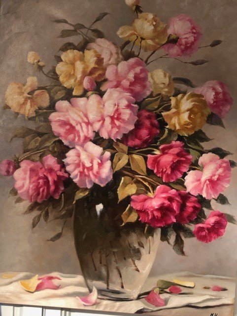 Huile sur toile Bouquet de fleurs, grande peinture de Mickael Harry XXe