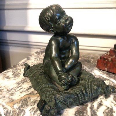 19th Century Bronze "baby On His Cushion" Sculpture