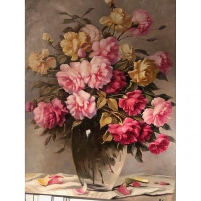 Huile sur toile Bouquet de fleurs, grande peinture de Mickael Harry XXe