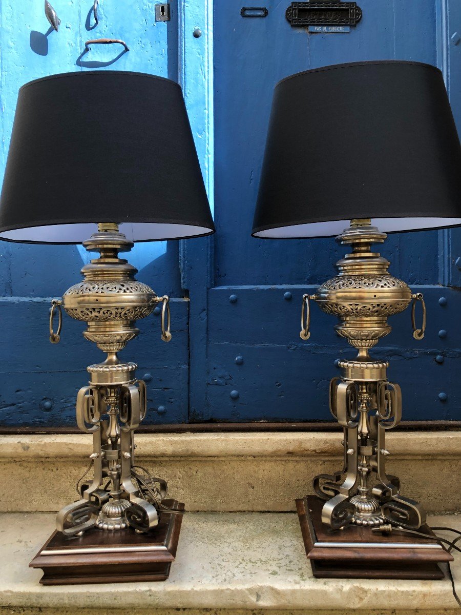 Large Pair Of Napoleon III Polished Steel Lamps-photo-2