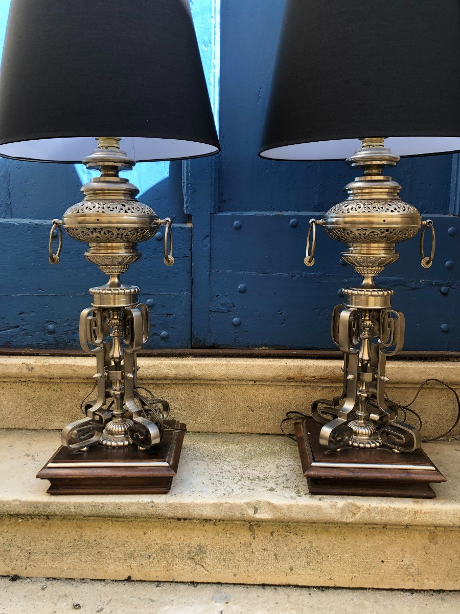 Large Pair Of Napoleon III Polished Steel Lamps