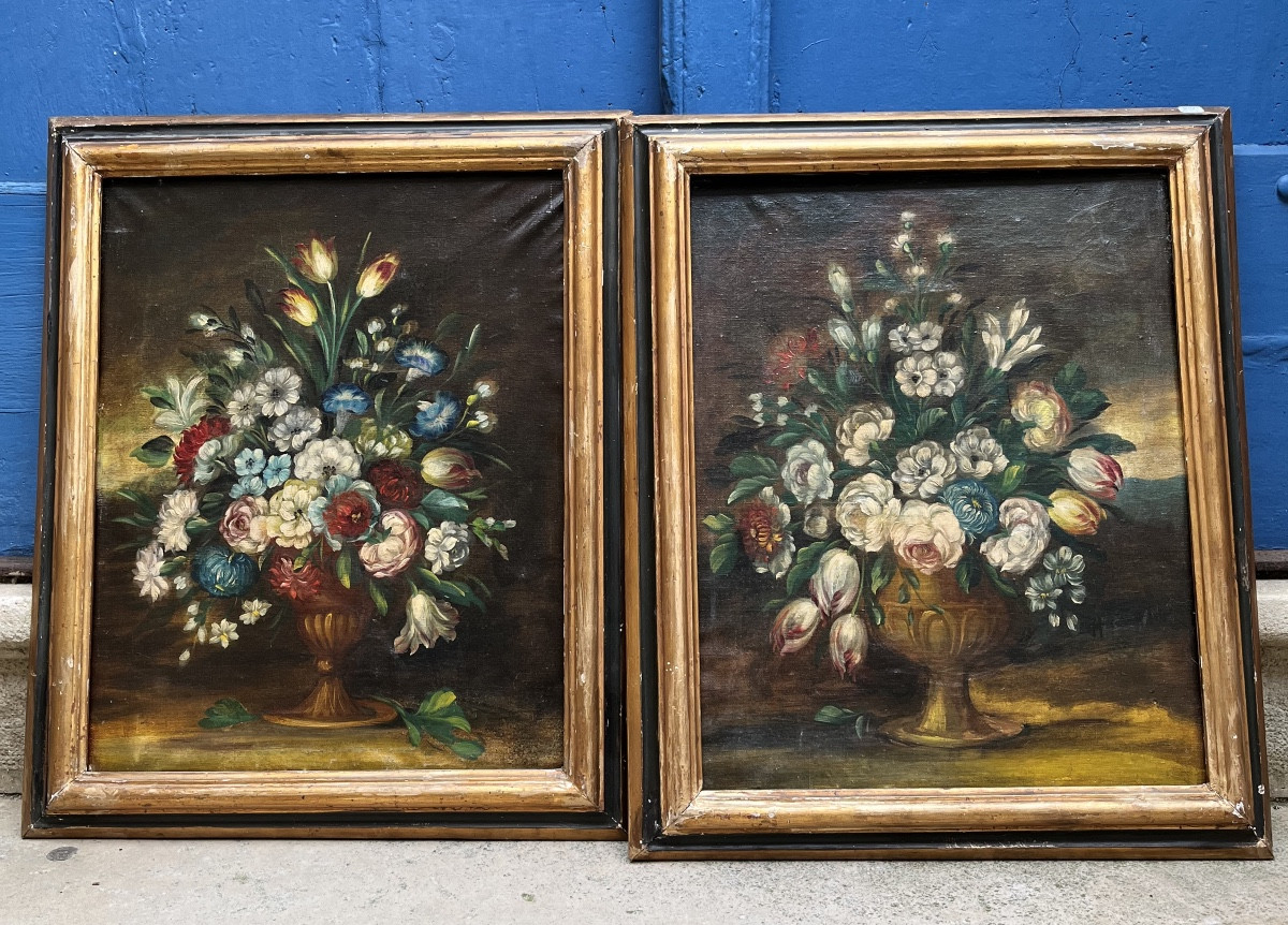 Paire de natures mortes florales XIXe