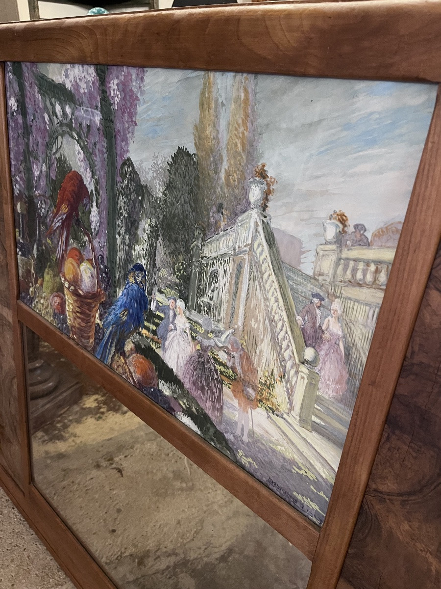 Élément de boiserie décoratif avec scène peinte et miroir.-photo-4