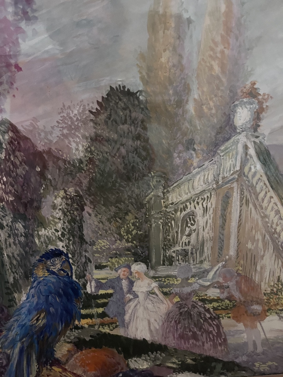 Élément de boiserie décoratif avec scène peinte et miroir.-photo-3