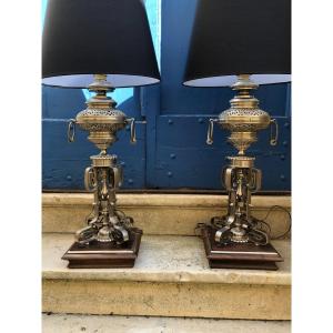 Large Pair Of Napoleon III Polished Steel Lamps