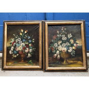 Paire de natures mortes florales XIXe
