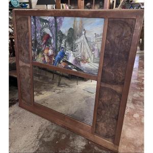Decorative Woodwork With Painted Scene And Mirror.