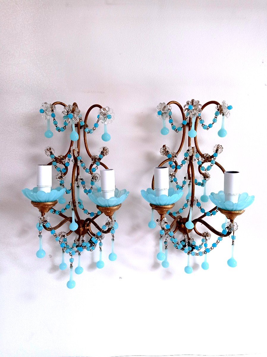 Murano, Paire d'Appliques En Opaline Bleue 