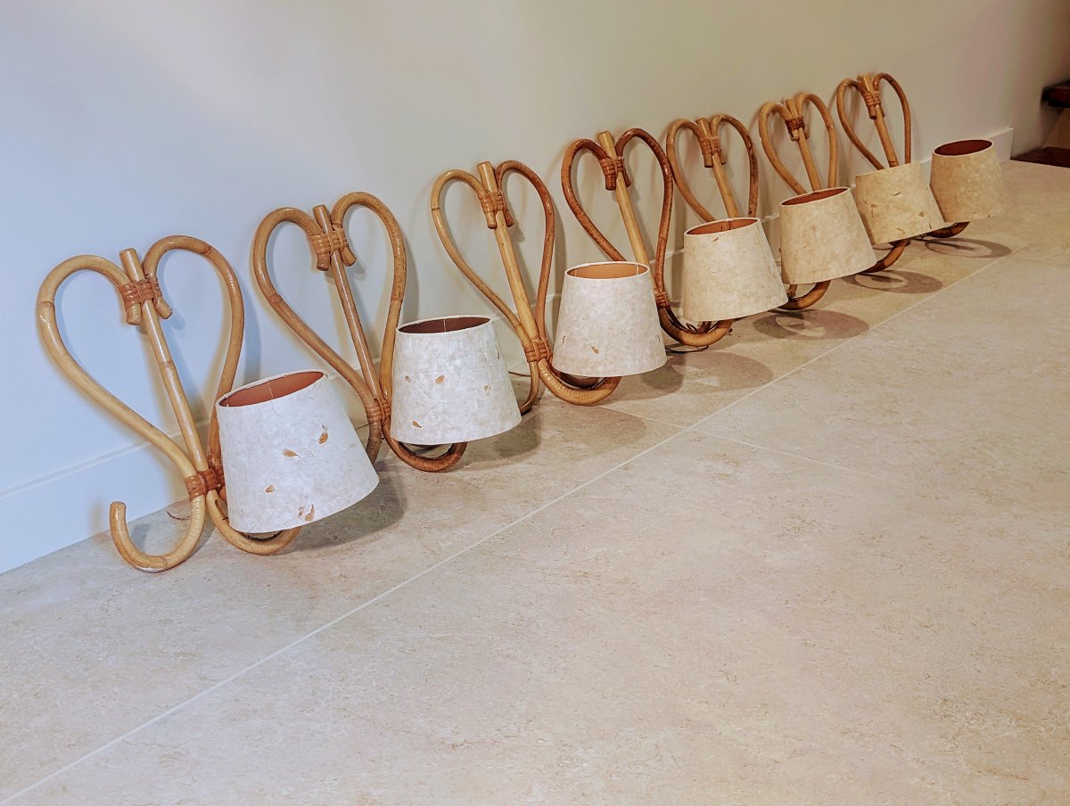 Louis Sognot, Set Of 7 "rotin" Wall Sconces, 1950-photo-2