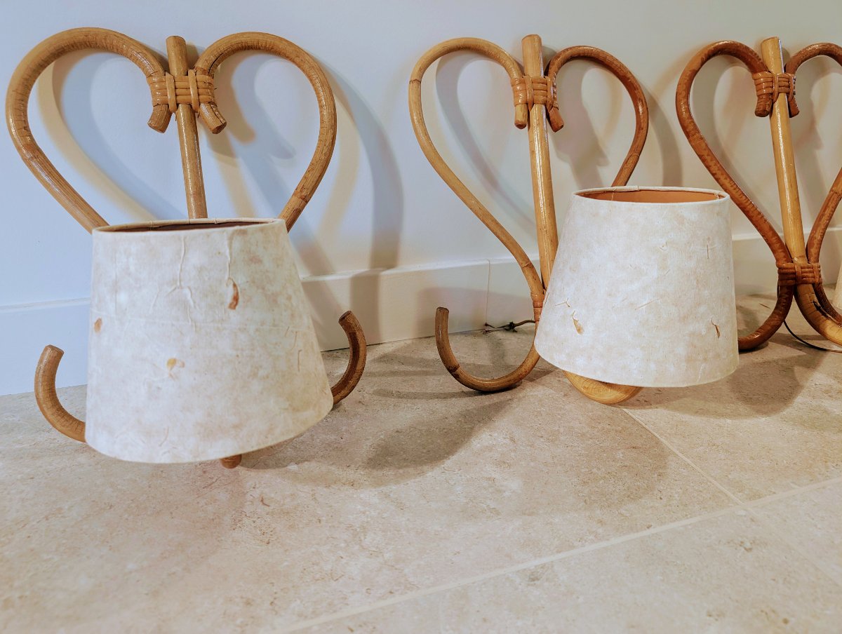 Louis Sognot, Set Of 7 "rotin" Wall Sconces, 1950-photo-1