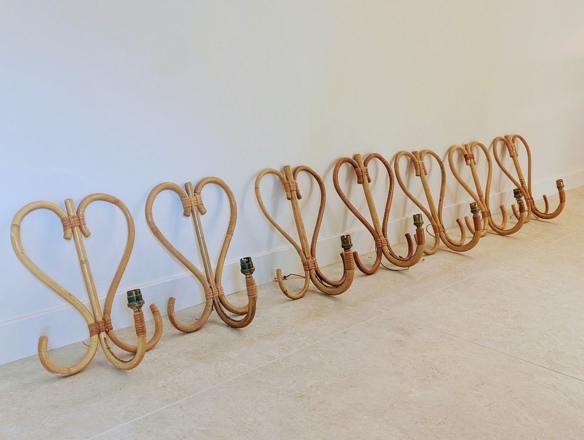 Louis Sognot, Set Of 7 "rotin" Wall Sconces, 1950-photo-3