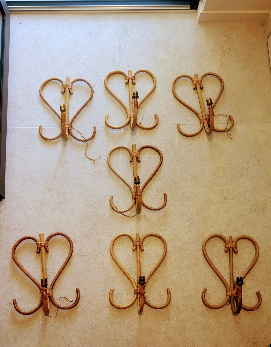 Louis Sognot, Set Of 7 "rotin" Wall Sconces, 1950-photo-4