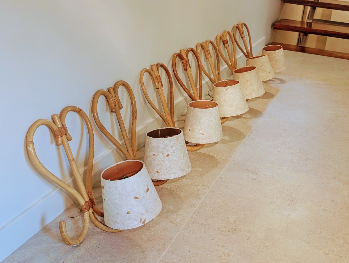 Louis Sognot, Set Of 7 "rotin" Wall Sconces, 1950