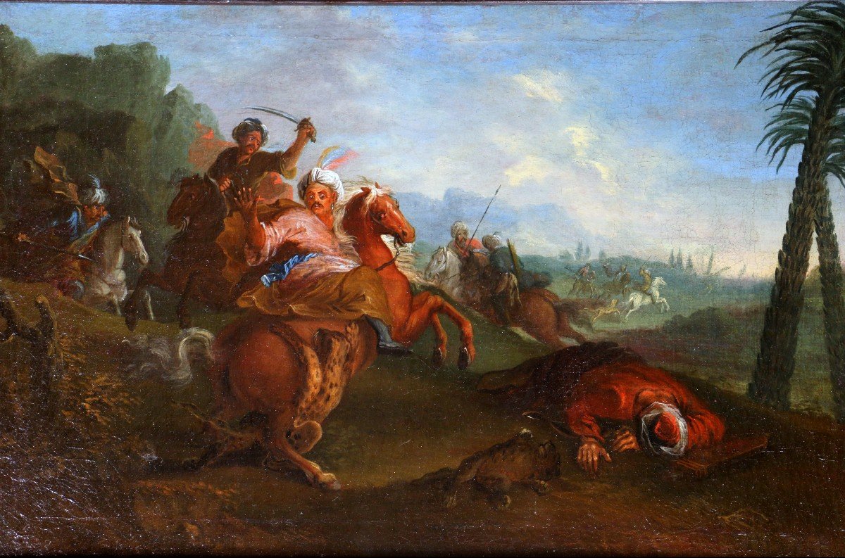 Joseph François Parrocel (1704 ; 1781) Attribué. Cavaliers turcs attaqués par des tigres-photo-2